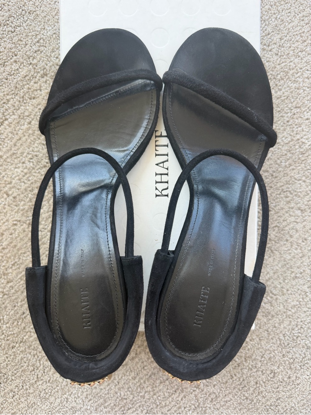 KHAITE Seigel Suede Black Gold Strappy Sandals - Picture 3 of 5